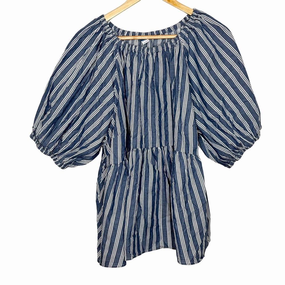 Old Navy Blue White Striped Puff Sleeve Top Womens 2X Nautical Preppy Coastal